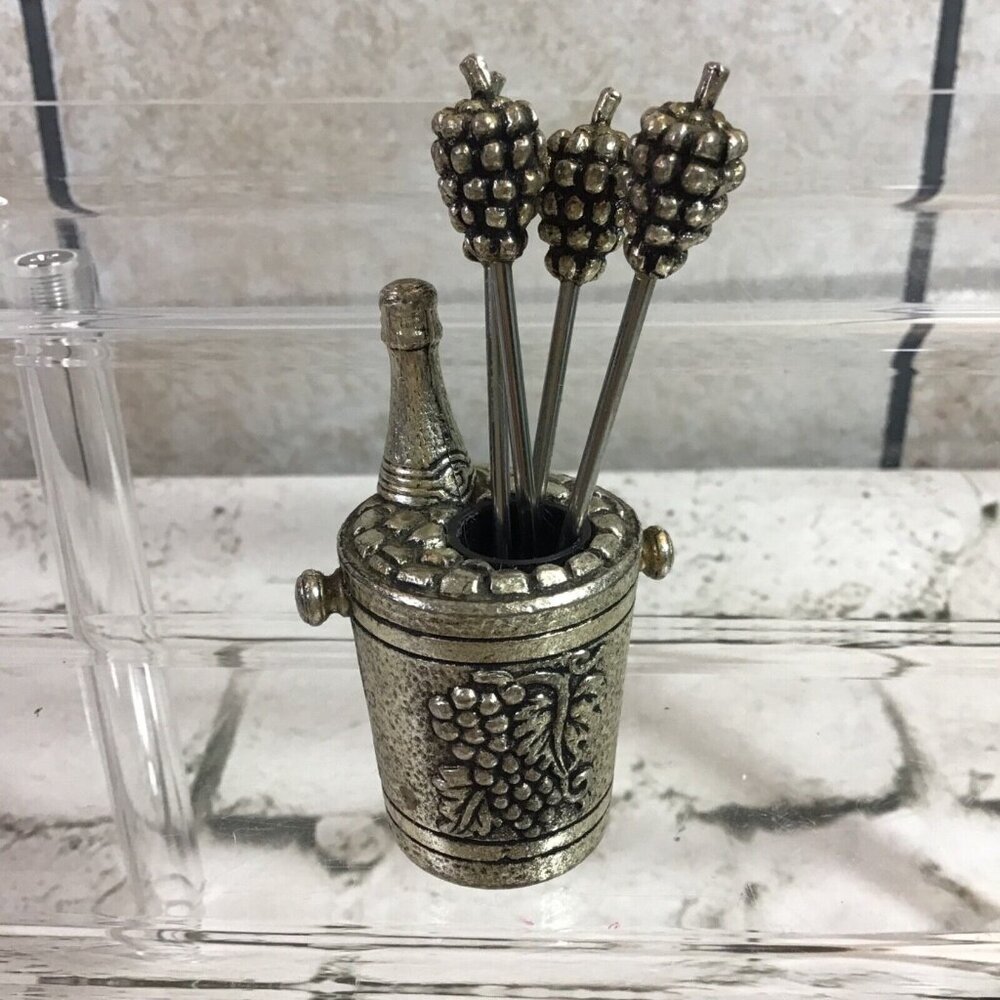 Vintage 1970’s Silver Plated Olive Cocktail Fork Set Wine Bucket Grapes RARE‎